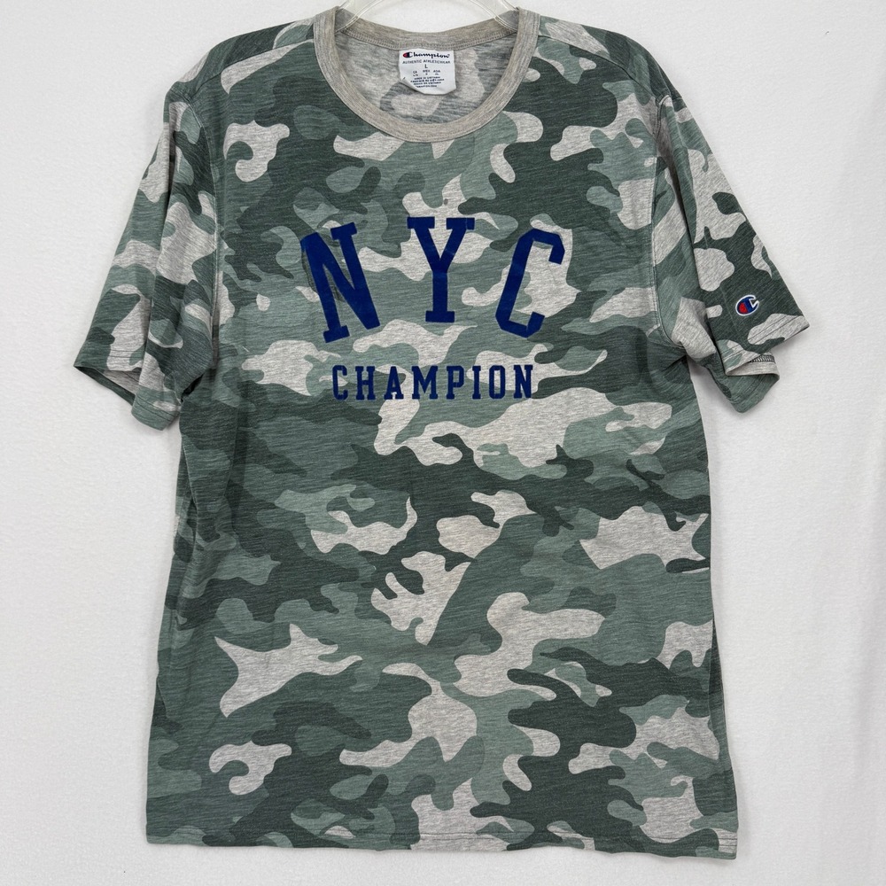 Champion T-Shirt Mens Large Green Camo NYC Graphic Short Sleeve Crewneck Tee